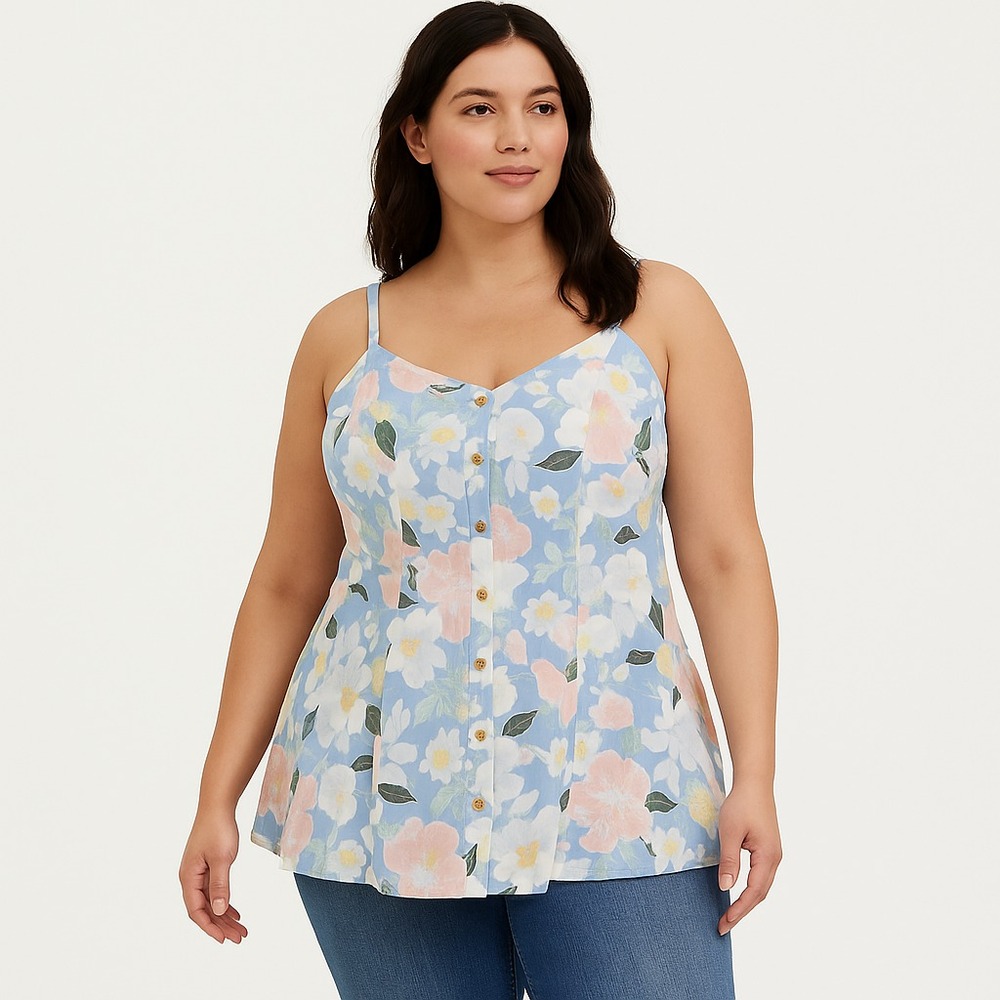 NWT Torrid Women's 3X Floral Cami Top Light Blue Button Front Adjustable Straps